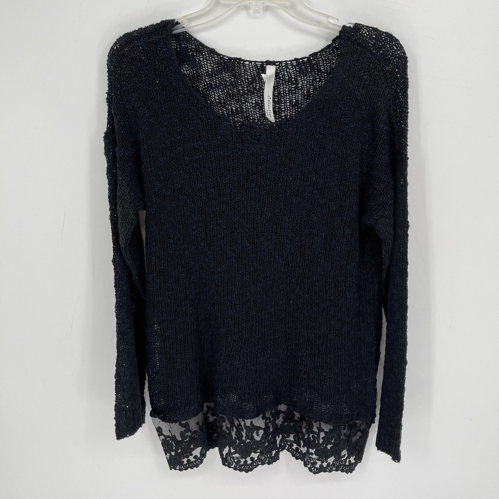 NY Collection Women's Black Lace Trim Crochet Open Knit Sweater Size SP Petite‎